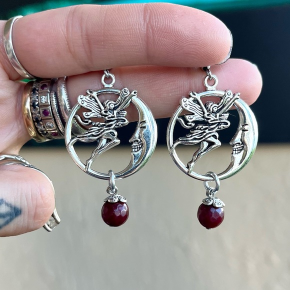 Set ! Fairy moon red garnet gemstones beads necklace + matching earrings boho - Picture 2 of 10